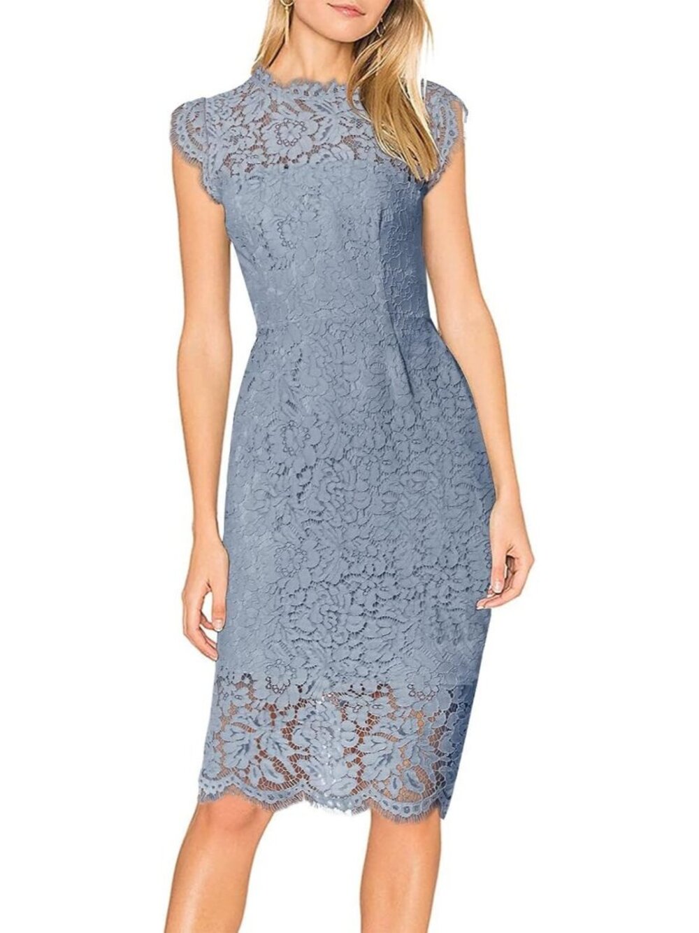 Women's Gray Blue Lace Cocktail Crew Neck Sleeveless Slimming Sheath Midi Dress
